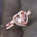 1.5ct Heart Cut Peach Morganite Halo Solitaire Engagement Ring 18k RoseGold Over