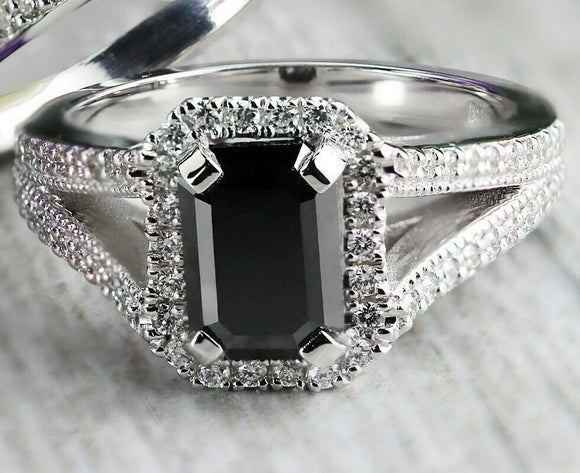 4Ct Emerald Cut Black Diamond Trendy Split Shank Halo Ring 14K White Gold Finish