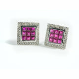 1.6ct Princess Cut Pink Ruby Halo Cluster Stud Earrings 14k White Gold Finish