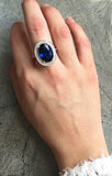 2.5ct Oval Cut Blue Sapphire Diamond Halo Engagement Ring 18k White Gold Finish