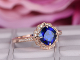 2ct Cushion Cut Blue Sapphire Vintage Halo Engagement Ring 14k Rose Gold Finish