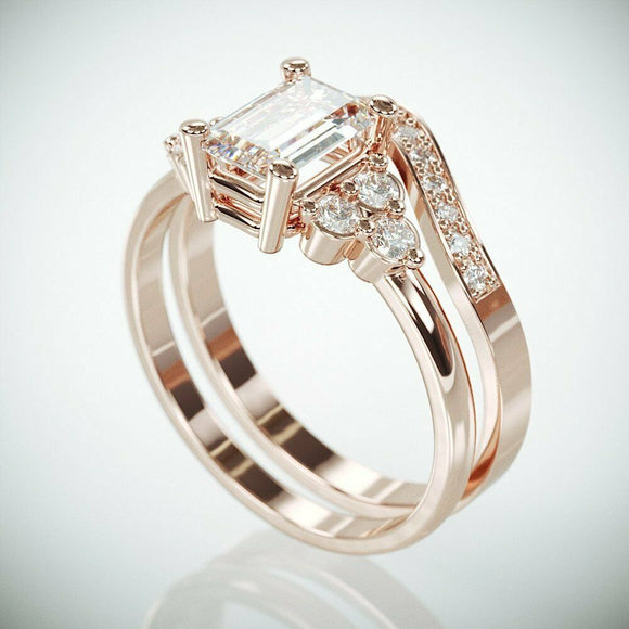 3Ct Emerald Cut Diamond Engagement Bridal Set Curved Band 14K Rose Gold Finish