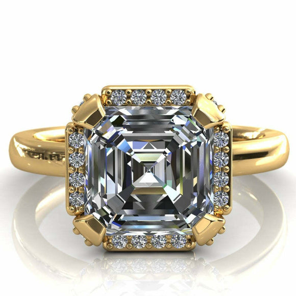 3.45ct Asscher Cut Diamond Accented Halo Engagement Ring 14k Yellow Gold Finish