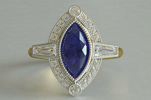 3ct Marquise Cut Blue Sapphire Engagement Ring Art Deco 14k Yellow Gold Finish