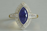 3ct Marquise Cut Blue Sapphire Engagement Ring Art Deco 14k Yellow Gold Finish