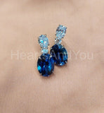 2ct Oval Simulated Blue Sapphire Three Stone Stud Earrings 14k White Gold Plated