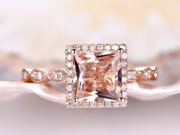 1.6ct Princess Cut Peach Morganite Halo Engagement Ring 14k Rose Gold Finish