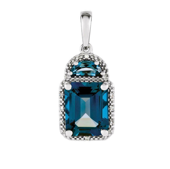 3ct London Blue Topaz Pendant Emerald Cut Geometric 14k White Gold Over NO CHAIN