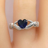 1.2ct Heart Cut Blue Sapphire Engagement Ring Claddagh Design 14k WhiteGold Over