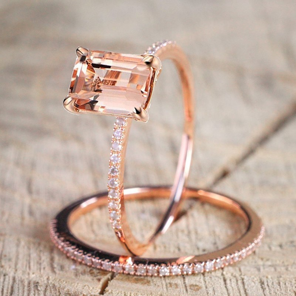 2.5Ct Emerald Cut Peach Morganite Bridal Set Engagement Ring 18K Rose Gold Over