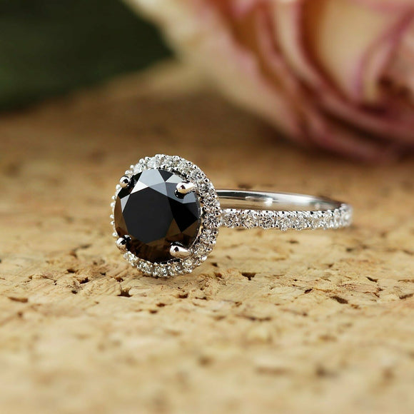 3Ct Round Cut Black Diamond Solitaire Halo Engagement Ring 14K White Gold Finish