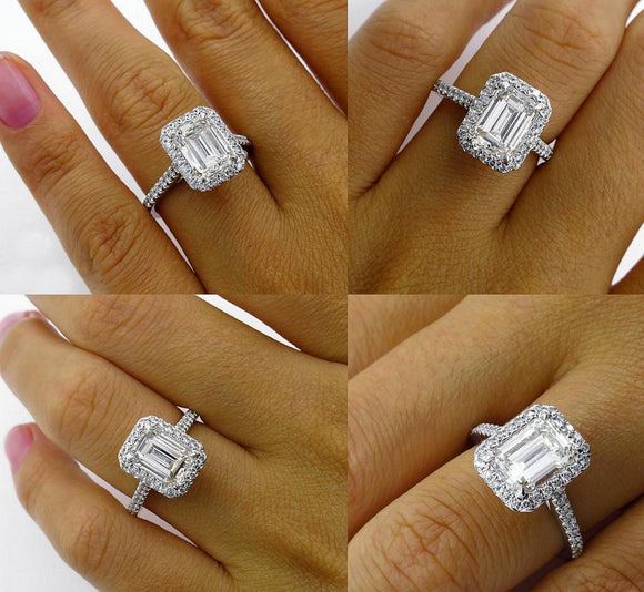 2.5Ct Emerald Cut Diamond Halo Solitaire Engagement Ring 18K White Gold Finish