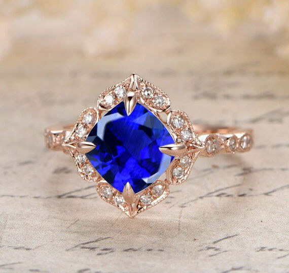 3Ct Cushion Cut Blue Sapphire Vintage Halo Engagement Ring 14K Rose Gold Finish