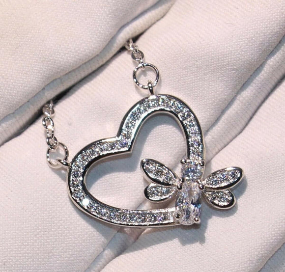 1.6ct Oval Cut Diamond Honey Bee Heart Shape Pendant Chain 14k White Gold Finish