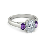 4Ct Oval Cut Diamond Purple Amethyst Trilogy Engagement Ring 14K White Gold Over