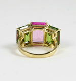 4Ct Emerald Cut Pink Sapphire Peridot Three Stone Ring 14K Yellow Gold Finish