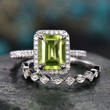 3Ct Emerald Cut Green Peridot Halo Bridal Set Vintage Band 14K White Gold Finish