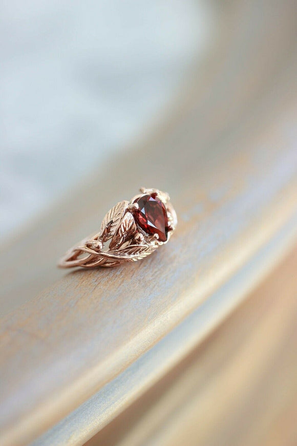 1ct Pear Cut Red Garnet Engagement Ring Floral Petal Solitaire 14k RoseGold Over