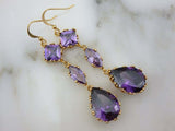 2.2ct Pear Cut Purple Amethyst Trilogy Drop Earrings 14k Yellow Gold Finish