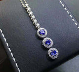 2.6ct Blue Tanzanite Pendant Chain Round Cut Halo Dangling 14k White Gold Finish