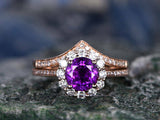 2.5Ct Round Cut Purple Amethyst Bridal Set Floral Ring Band 14K Rose Gold Finish