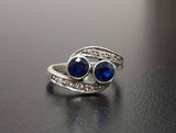 2ct Engagement Ring Round Cut Blue Sapphire Two Stone Swirl 14k WhiteGold Finish