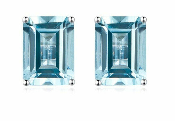 1.7ct Stud Earrings Emerald Cut Blue Aquamarine Solitaire 14k White Gold Finish