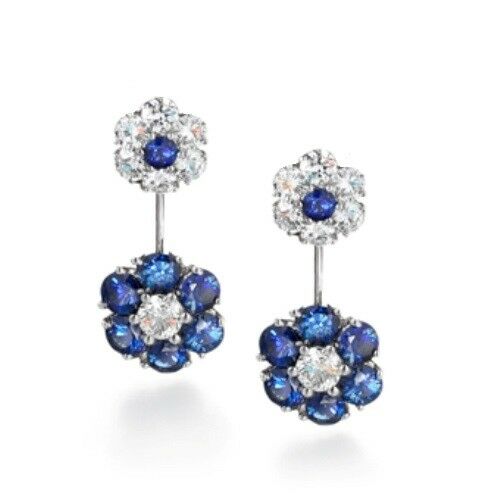 5Ct Round Cut Blue Sapphire Dual Floral Drop Earrings 14K White Gold Finish