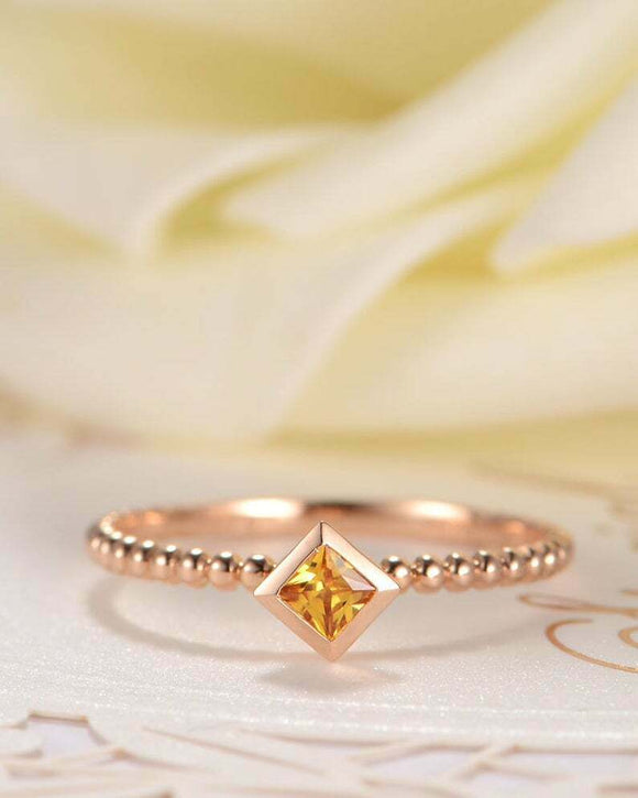 0.3ct Princess Cut Yellow Sapphire Beaded Ball Solitaire Ring 14k Rose Gold Over