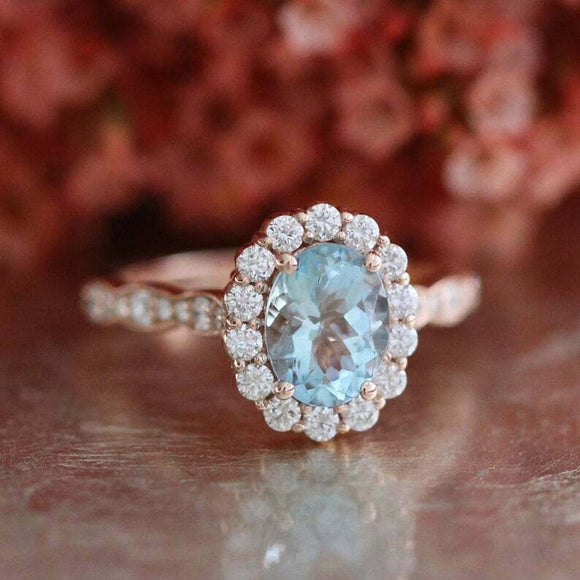 2.2ct Oval Cut Blue Aquamarine Engagement Ring Diamond Halo 14k Rose Gold Finish