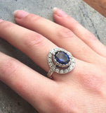 2.7ct Oval Cut Blue Sapphire Vintage Inspired Halo Ring 14k White Gold Finish