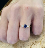 1ct Round Blue Sapphire Engagement Ring Pear Accent Trilogy 14k Yellow Gold Over