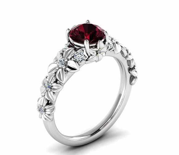 2ct Round Cut Red Garnet Flower Solitaire with Accent Ring 14k White Gold Finish