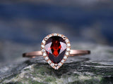 1.2Ct Pear Cut Red Garnet Halo Beau Solitaire Engagement Ring 14K Rose Gold Over