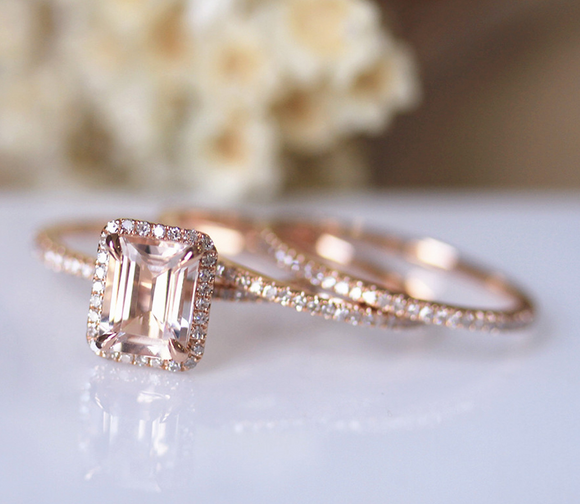 2.5ct Emerald Cut Peach Morganite Engagement Ring 14k Rose Gold Finish Trio Set