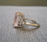 2.5Ct Emerald Cut Peach Morganite Ring 14K White Gold Finish With Round Accents