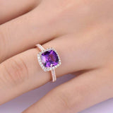 1.9ct Cushion Cut Purple Amethyst Engagement Ring Diamond Halo 18k RoseGold Over