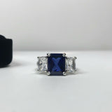 2.5ct Emerald Cut Blue Sapphire Trilogy Engagement Ring 14k White Gold Finish