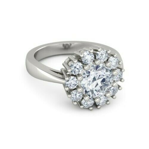 2.5Ct Round Cut DVVS1 Diamond Flower Halo Engagement Ring 14K White Gold Finish