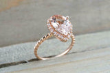 1.6ct Pear Cut Peach Morganite Diamond Halo Rope Band Ring 14k Rose Gold Finish