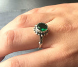 1ct Engagement Ring Round Cut Green Emerald Vintage Inspired 14k White Gold Over