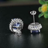 2.9ct Stud Earrings Oval Cut Blue Sapphire Floral Cocktail 14k White Gold Finish