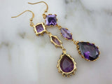 2.2ct Pear Cut Purple Amethyst Trilogy Drop Earrings 14k Yellow Gold Finish