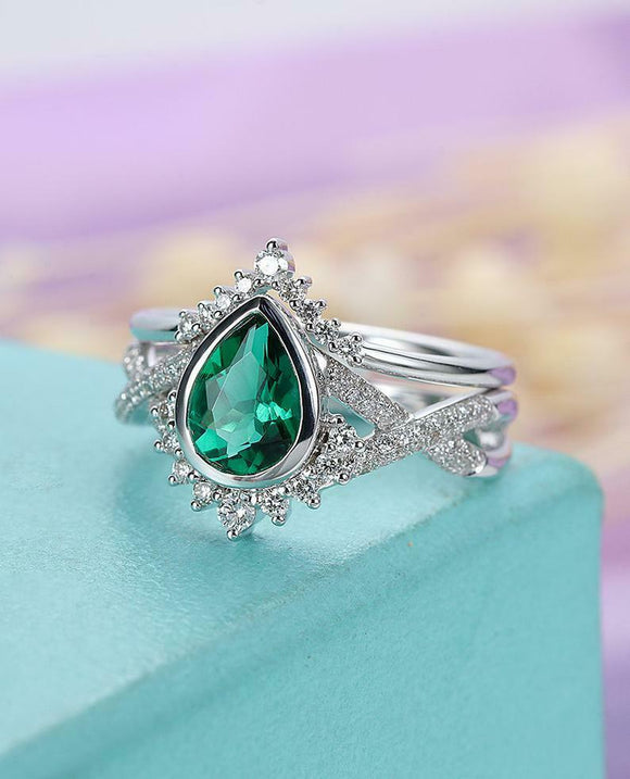 2.3ct Pear Green Emerald Engagement Ring Curved Bridal Set 14k White Gold Finish