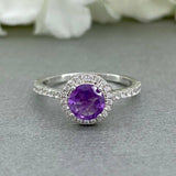 1.5ct Round Purple Amethyst Halo Solitaire Engagement Ring 14k White Gold Finish