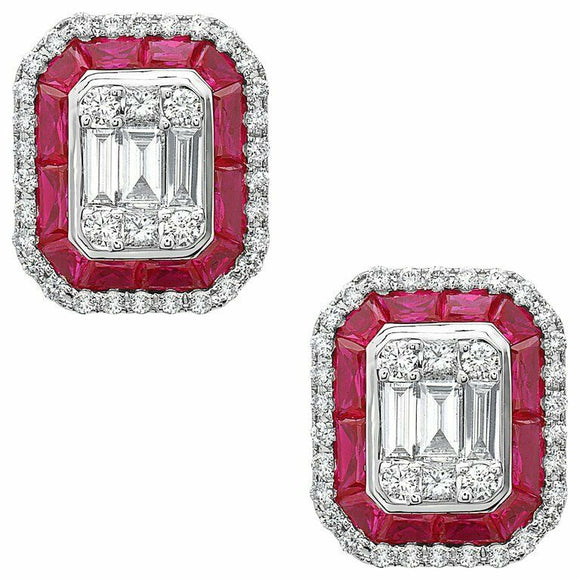 3ct Baguette Cut VVS1D Diamond Ruby Halo Stud Earrings 14k White Gold Finish