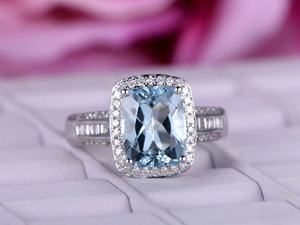 2.8ct Cushion Cut Blue Aquamarine Diamond Accent Halo Ring 14k White Gold Finish