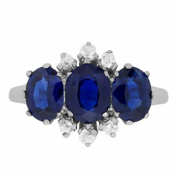 3ct Oval Cut Blue Sapphire Engagement Ring Unique Trilogy 14k White Gold Finish