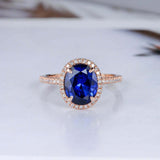 2ct Oval Cut Blue Sapphire Engagement Ring Halo Diamond Accent 14k RoseGold Over