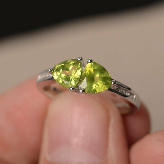 2ct Trillion Cut Green Peridot Two Stone Engagement Ring 14k White Gold Finish